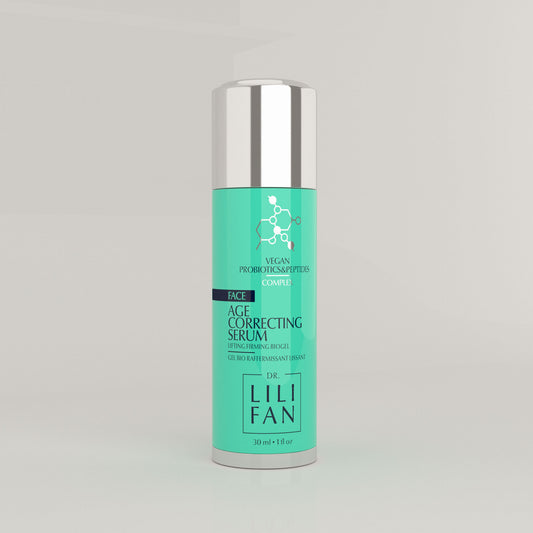 A bottle of Age-Correcting Serum on a tan background