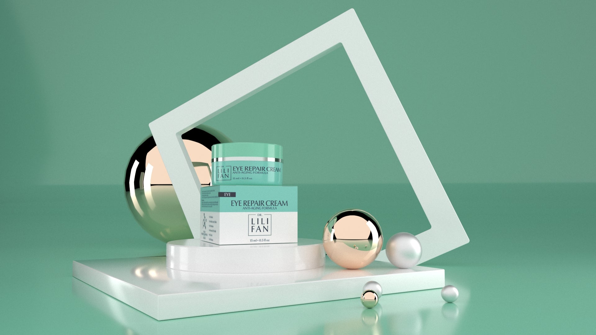A jar of eye cream on top of its box with a green artsy background