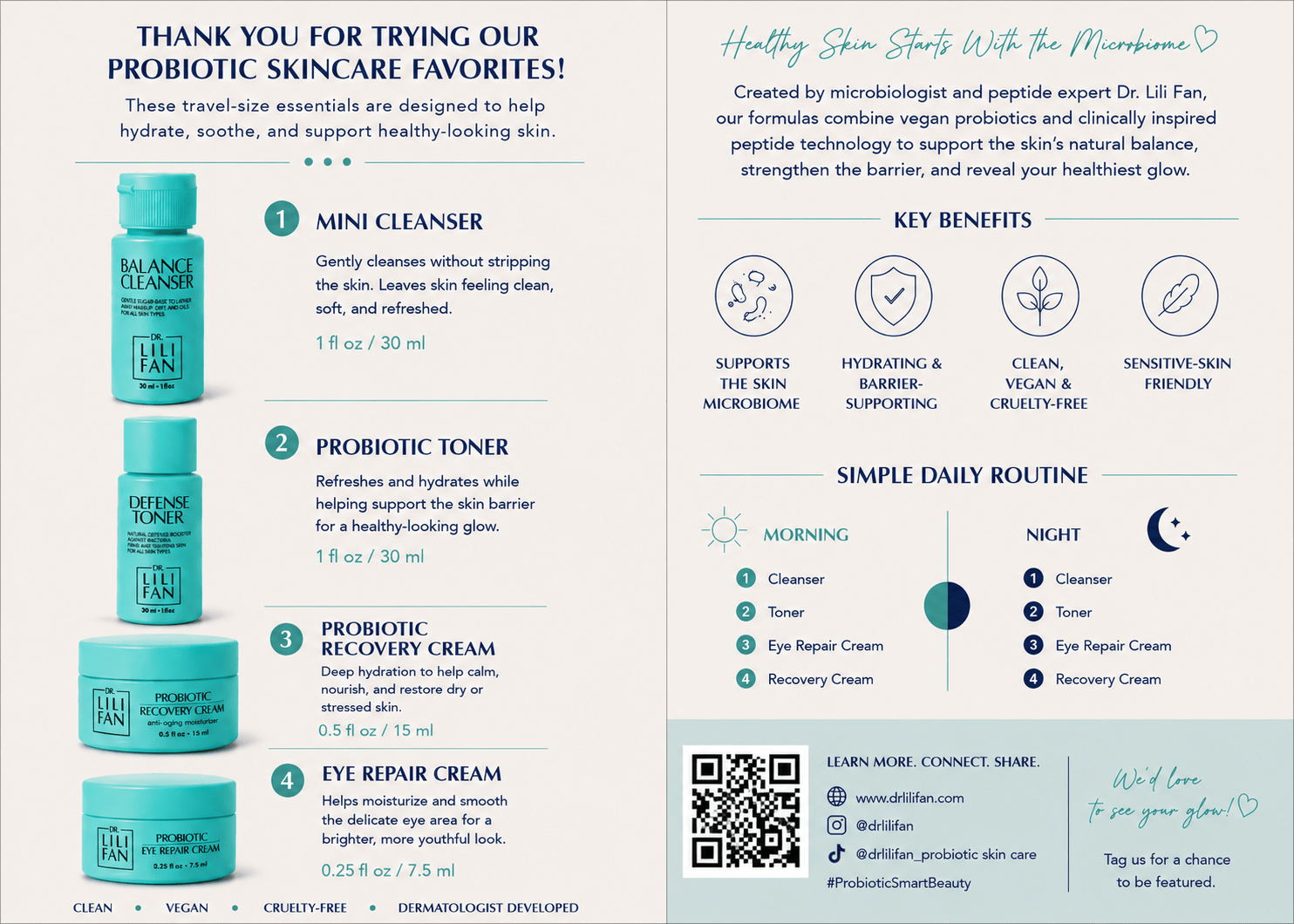 Travel Set - Balance Cleanser + Defense Toner + Eye Repair Cream + Recovery Cream - Dr Lili Fan Vegan Probiotic Skincare