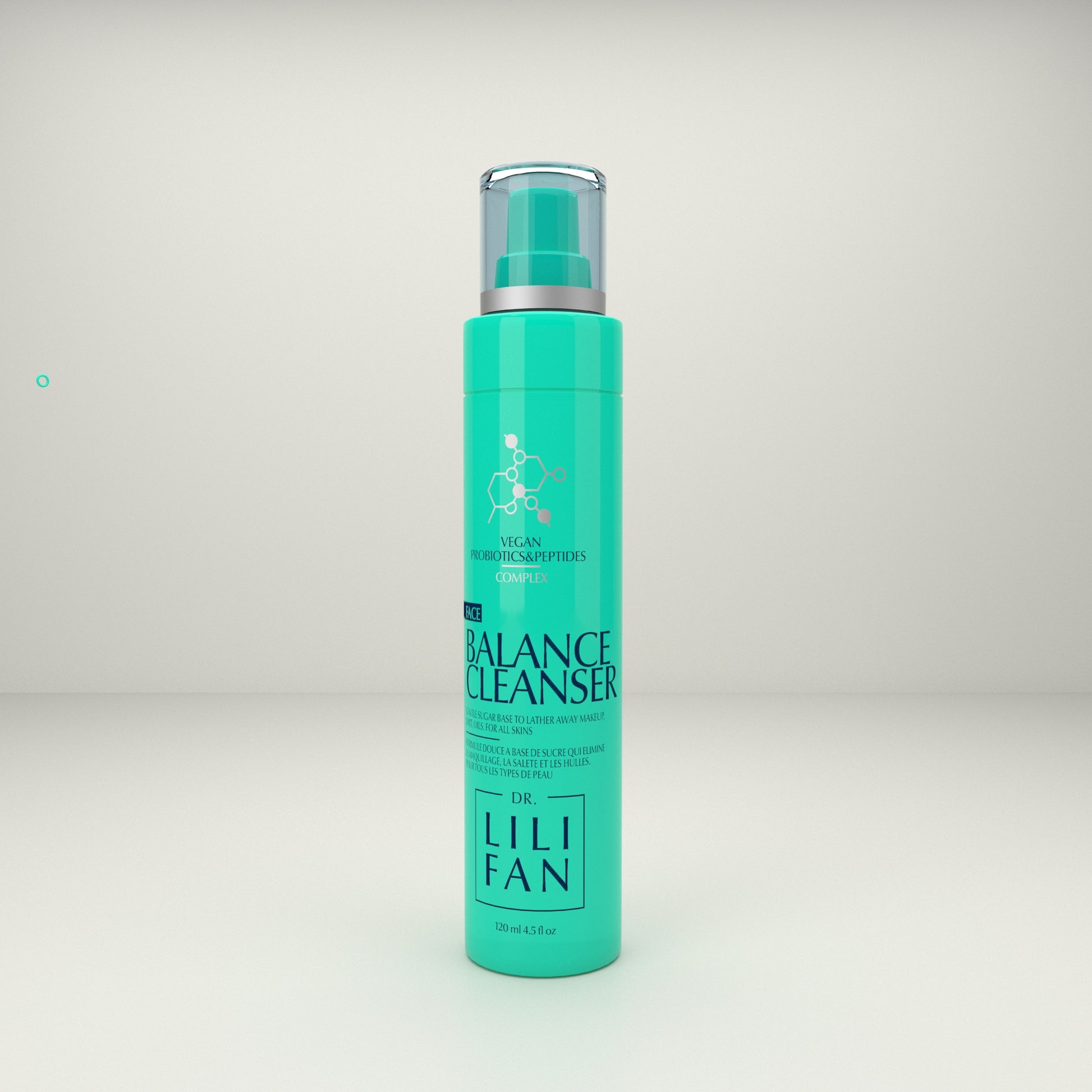 A bottle of cleanser on a tan background